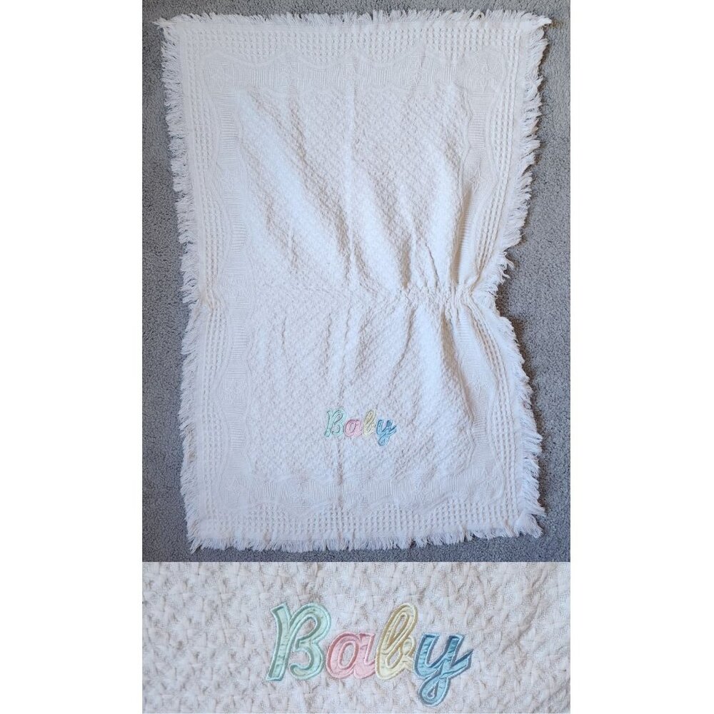 Vtg Miniwear‎ Baby Blanket Acrylic Embroidered Pastel "BABY" Fringe Edges 50x33